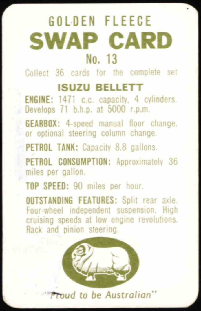 1965 Isuzu Bellett 1500 - Golden Fleece service station swap card - Australian - 02.jpg